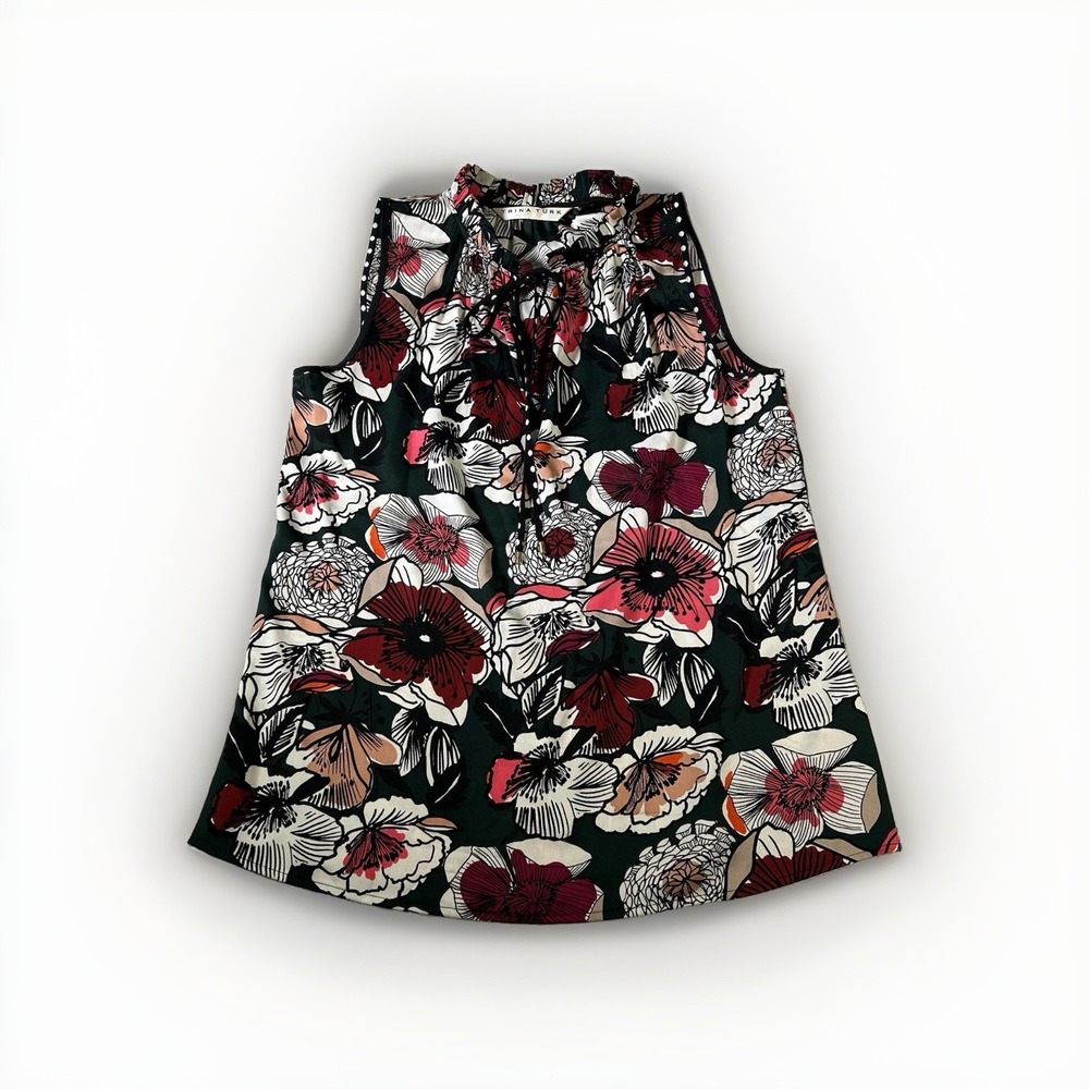 Trina Turk Floral Silk Blouse M Sleeveless Tie Neck Flowy Fairy Cocktail Luxury